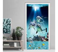 FLFK Peel and Stick Door Sticker 85x215cm-3D Underwater World Dolphins Self-Adhesive Door Mural Poster Photo Wallpaper for Bedroom Office Decor(2Pcs/Set)