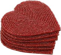 Flfwlass Artisanal Charm: Handmade Beaded Heart Coaster Set - 4"" Coasters with Heat-Resistant Polyester Backing & Genuine Glass Beads (Red, Set of-6), COS-548