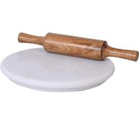 FLFWLASS-Marble Chakla With Wooden Belan for Kitchen | Roti and Chapati maker for Home 21.9 CM (White Marble With Wooden Belan), ASDRT-5324