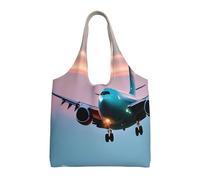FLGHJNBJN Airplane In The Evening Lights Lightweight Canvas Tote Bag For Women, Spacious Reusable Commuter Bag For Daily Shopping Travel