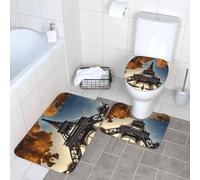 FLGHJNBJN Beautiful Eiffel Tower Paris Printed Bath Mat Set, Soft Flannel Restroom Carpets, Anti Skid Pedestal Rugs, For Kids Bathroom