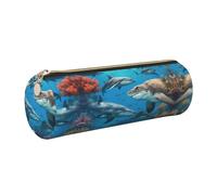 FLGHJNBJN Dolphins Sea Turtle Shark Octopus Coral Reef Cute Leather Pencil Case Eco-Friendly Cross Grain Leather,Smooth Zipper,Large Capacity Cylinder Pouch Holder