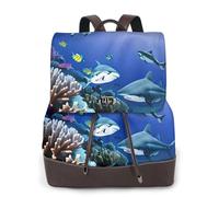 FLGHJNBJN Shark Swimming Under the Sea Versatile Leather Backpack for Women, Stylish PU Daypack for Commute, College, Travel, Outdoor