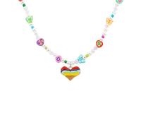 Flgtby Y2K Rainbow Heart Beaded Necklace Indie Collarbone Chain｜Must-Have Accessory for Sweet-Edgy woman｜Hand-Strung Mixed-Color Beads + Unique Resin Charms｜Unlock Your Y2K Fashion Vibes