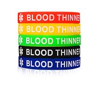FLHEART 5 Pack Assorted Colors Silicone Rubber BLOOD THINNER Medical Alert ID Wristband Emergency Bracelets For Mens Womens For Outdoor Sports,7.5 Inches,Waterproof
