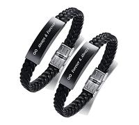 FLHEART Always Forever Black Stainless Steel and Microfiber Braided Leather Bracelet Classic Style His Hers Couple Bracelet Adjustable Birthday Valentine's Day Anniversary Bracelet Gift