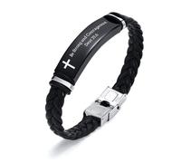 FLHEART Be Strong and Courageous Deut 31:6 Inspirational Bible Verse Faith Cross Engraved Braided Black Leather Bracelet for Men Boys Son Dad Boyfriend,Christian Religious Jewellery Gifts Idea