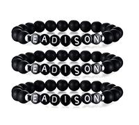 FLHEART Custom Name Beaded Bracelet : Handmade Personalised Initial Name Alphabet Word Letter Black Matte Agate Beads Stretch Link Bracelet, Gift for him her Friend Mom Dad, 3pcs