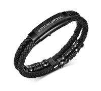 FLHEART GOD IS IN CONTROL Inspirational Quote Bible Verse Engraved Black Braided Leather Bracelets for Men Religious Jewellery Christmas Baptism Confirmation Christian Gifts for Son Husband Man