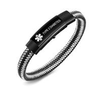 FLHEART Medical Alert Bracelet for Men - Stainless Steel Rope Braided Medical ID Wristband Engraved Type 2 Diabetes, Adjustable 7.2/7.5/7.8/8 Inches Emergency Awareness Medic ID Bracelet for Men