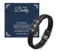 FLHEART Men's Bracelets Daddy Gifts - Custom Black Genuine Braided Leather Bracelet for Dad Engraved 3 Kids Names, Personalised Mens Bracelets Jewellery Gifts for Daddy Birthday Father's Day