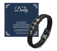 FLHEART Men's Bracelets Daddy Gifts - Custom Black Genuine Braided Leather Bracelet for Dad Engraved 4 Kids Names, Personalised Mens Bracelets Jewellery Gifts for Daddy Birthday Father's Day