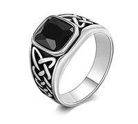 FLHEART Men's Ring Celtic Knot Signet - Stainless Steel Irish Celtic Knot Ring Band Black Stone Agate Onyx Rings for Men, Signet Ring Jewellery for Him, Gift for Dad Husband, P 1/2