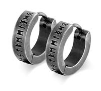 FLHEART Norse Viking Hoop Earring for Men - Amulet Protection Jewellery Gifts Stainless Steel Men's Stud Huggie Hinged Earrings with Nordic Elder Futhark Runes, Vintage Grey,1 Pair P-EH-432GR02