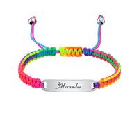 FLHEART Personalised Baby Bar Bracelet - Customised Handmade Adjustable Rainbow Braided Rope Name Date ID Plate Bracelet for Children Toddler Kids,Christening Gifts for Girls Boys,Silver Tag