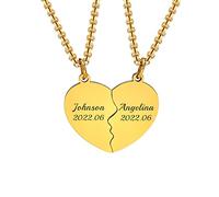 FLHEART Personalised Couple Friendship Puzzle Necklace - Customised Stainless Steel Split Heart Matching Pendant For Womens Mens Custom Name Necklace For BFF Family