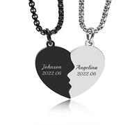 FLHEART Personalised Couple Friendship Puzzle Necklace - Customised Stainless Steel Split Heart Matching Pendant For Womens Mens Custom Name Necklace For BFF Family