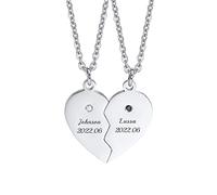 FLHEART Personalised Couple Friendship Puzzle Necklace - Customised Stainless Steel Split Heart With Cubic Zirconia Matching Pendant For Womens Mens Custom Name Necklace For BFF Family