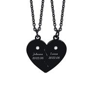 FLHEART Personalised Couple Friendship Puzzle Necklace - Customised Stainless Steel Split Heart With Cubic Zirconia Matching Pendant For Womens Mens Custom Name Necklace For BFF Family