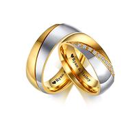FLHEART Personalised Couple Wedding Bands for Him and Her Free Engraving 2-tone Gold Plated Stainless Steel Cubic Zirconia Promise Ring Set for Valentine's Day