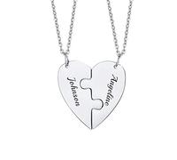 FLHEART Personalised Friendship Puzzle Necklace - Customised Stainless Steel 2 Pieces Split Heart Matching Pendant For Womens Mens Couple Custom Name Necklace For BFF Family