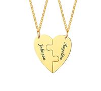 FLHEART Personalised Friendship Puzzle Necklace - Customised Stainless Steel 2 Pieces Split Heart Matching Pendant For Womens Mens Couple Custom Name Necklace For BFF Family