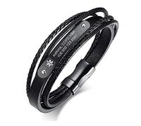 FLHEART Personalised Genuine Multi-Layer Braided Leather Medical ID Wristband Mens Medical Alert Leather Bracelet with Stainless Steel Magnetic Clasp For Emergency First Aid