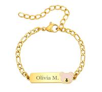 FLHEART Personalised Gold Baby Bracelet with Name - Customised Engraved Figaro Chain Kids Cartoon ID Charm Bracelets Jewellery Infant Girls Boys Toddler Birthday Gifts Preppy Stuff, Bear