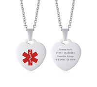 FLHEART Personalised Heart Medical Alert Necklace | Customised Emergency Medical Alert ID Dog Heart Shape Tag Pendant Necklace for Mens Womens Teens,Allergy Alert Identification Necklace, 24" Chain