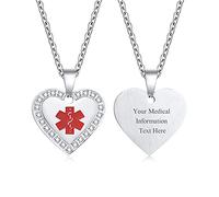 FLHEART Personalised Heart Medical Alert Necklace | Customised Zircon Identification Alert ID Dog Heart Shape Tag Pendant Necklace For Womens Teens,Allergy Alert Emergency Necklace, 24" Chain