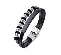 FLHEART Personalised Leather Bracelet for Men with 2-7 Names Beads Custom Name ID Bracelet for Dad Boyfriend Husband Family for Christmas, Birthday, Valentine's Day,Silver,7 Beads