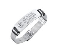 FLHEART Personalised Medical Alert Bracelet for Men - Customised Stainless Steel Adjustable Mesh Band Medical ID Emergency SOS Bracelet for Men's, Free Engraving Medic Alert Bracelets for Men, Silver