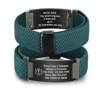 FLHEART Personalised Medical Alert Bracelet for Men - Elastic Braided Loop Straps Identification Bracelets Engraved Emergency Medical Info Blood Thinner Diabetic Allergy, Customised Medic ID Bracelet