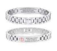 FLHEART Personalised Medical Alert Bracelet for Men - Free Engraving Stainless Steel Strap Style Medic ID Wristband with Epilepsy Allergy Emergency Infor, Customised Silver SOS Medical Bracelets