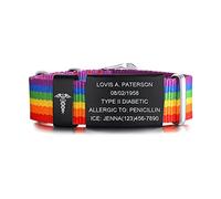 FLHEART Personalised Medical Emergency ID Bracelet | Adjustable Sport Nylon Strap Belt Buckle Caduceus Alert Bracelet Allergy Diabetic Wristband for Men Women, Customised,Rainbow