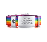 FLHEART Personalised Medical Emergency ID Bracelet | Adjustable Sport Nylon Strap Belt Buckle Medical Alert Bracelet Allergy Diabetic Wristband for Men Women, Customised,Rainbow