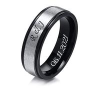 FLHEART Personalised Ring for Men - Custom Engrave Name Ring 2-Tone Black Silver Stainless Steel Brushed Finish 6MM Wedding Band Gifts for Promise Engagement Promise, Size R 1/2