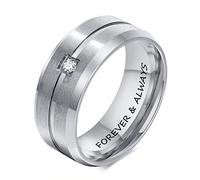 FLHEART Personalised Ring for Men : Groove Centered Brushed Finish Single Cubic Zirconia Wedding Band, Customized Name Secret Message Promise Engagement Ring,8mm, for him,Size V 1/2