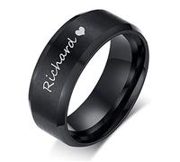 FLHEART Personalised Stainless Steel Ring for Men : Customized Black Stainless Steel Wedding Band Promise Ring Engagement Ring for Him/Husband/Boyfriend, Customised Name Ring 8mm Width