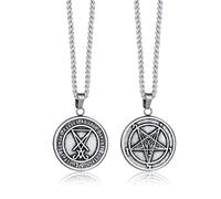 FLHEART Stainless Steel Pentagram Sigil of Lucifer Pagan Occult Seal of Satan Satanic Symbol Pendant Necklace Inverted Pentagram Baphomet Goat Necklace for Men Free Chain