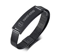 FLHEART WARFARIN Engraved Medical ID Bracelet Matching Stainless Steel Mesh ID Strap Watchband for Mens Womens Friends Teens Adjustable SOS Emergency Mesh Wire Belt Buckle Medical Alert Bracelets