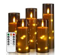 Flickering Flameless Candles with String Lights, LED Battery Operated Candle with Remote Control and 24-Hour Timer, Electric Candles Set of 5, Home Decoration for Christmas Halloween (Brown)