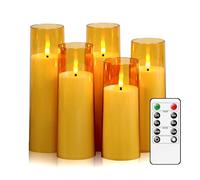 Flickering Flameless LED Candles with Remote Control and Timer,Battery Candles Energy-efficient Plastic Long Lasting 5 Packs D2.3 xH 5" 6" 6"7" 7" for Party Wedding Festivals Decorations(Gold)