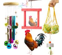 FlidRunest 4PCS Chicken Coop Accessries Toys Set, Chicken Wind Chime Toy, Vegetable String Bag, Mirror Toy and Chick Beak Grinding Calcium Stone, Hanging Enrichment Toys for Coop, for Hens Chick Bird