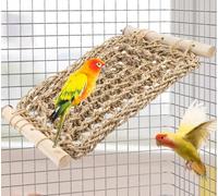 FlidRunest Bird Perch with Seagrass Mat, Parrot Natural Seagrass Woven Net Hammock, Parakeet Climbing Rope Ladder Chew Toys, Cage Accessories for Lovebird Conure Budgie