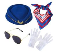Flight Attendant Costume Accessories, Air Stewardess Costume Outfit Women, Flight Attendant Ladies Costume Stewardess Air Hostess Fancy Dress With Hat, Scarf, Sunglasses, Gloves For Cosplay Party