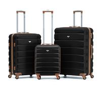 Flight Knight 55x40x20cm Cabin Carry On Luggage with Medium Case and Large Size Check-in Hold Suitcase - Set of 3 - Black / Tan