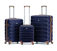 Flight Knight 55x40x20cm Cabin Carry On Luggage with Medium Case and Large Size Check-in Hold Suitcase - Set of 3 - Navy / Tan