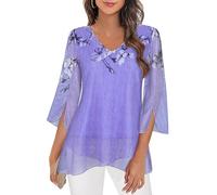 Flikity 3/4 Sleeve Tops for Women, Ladies V Neck Chiffon Tops Work Blouses Size 18 Double Layers Floral Mesh Shirts Party Tops Going Out Tops Flowy A Line Ruffle Tunic Tops Purple XL