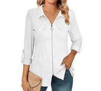 Flikity 3/4 Sleeve Tops for Women UK Collared Blouses for Women Business Casual Work Blouse for Office Roll Up Long Sleeve Shirts Full Zipper Womens Fall Tops Fashion 2025 Coat Outwear White XL